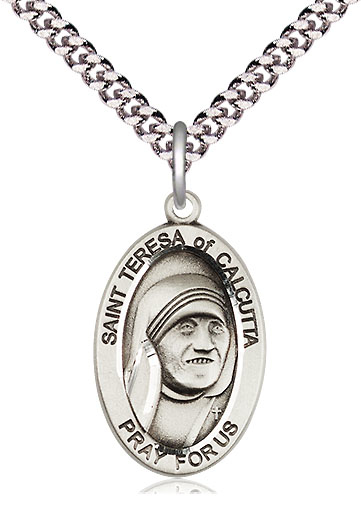 Sterling Silver Saint Teresa of Calcutta Pendant on a 24 inch Light Rhodium Heavy Curb chain