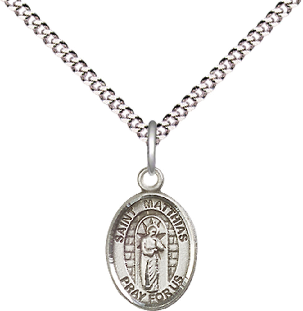 Sterling Silver Saint Matthias the Apostle Pendant on a 18 inch Light Rhodium Light Curb chain