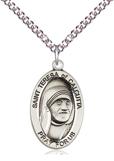 Sterling Silver Saint Teresa of Calcutta Pendant on a 24 inch Sterling Silver Heavy Curb chain