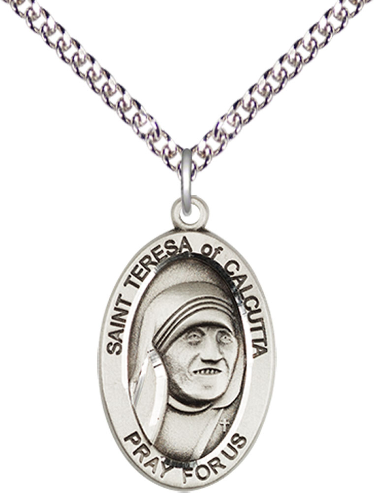 Sterling Silver Saint Teresa of Calcutta Pendant on a 24 inch Sterling Silver Heavy Curb chain