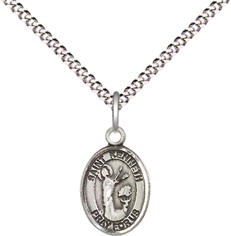 Sterling Silver Saint Kenneth Pendant on a 18 inch Light Rhodium Light Curb chain