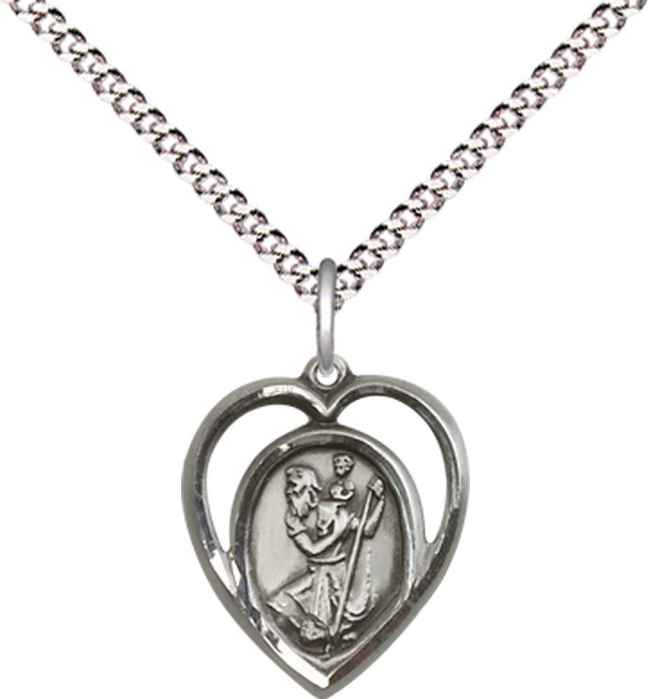 Sterling Silver Saint Christopher Pendant on a 18 inch Light Rhodium Light Curb chain