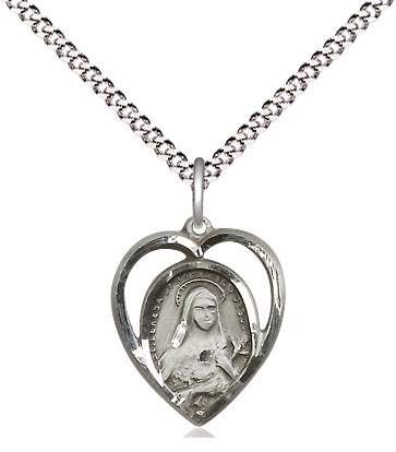 Sterling Silver Saint Theresa Pendant on a 18 inch Light Rhodium Light Curb chain