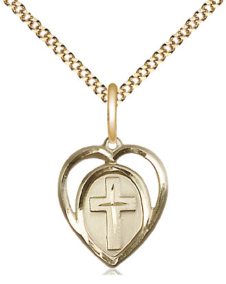 14kt Gold Filled Heart Cross Pendant on a 18 inch Gold Plate Light Curb chain