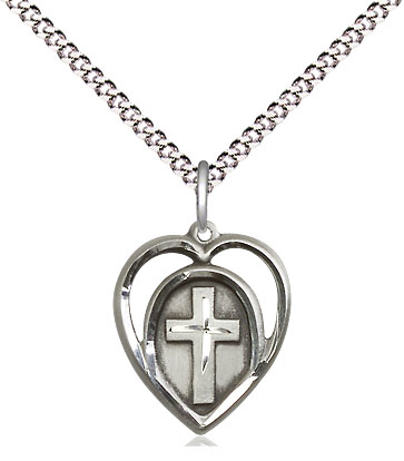 Sterling Silver Heart Cross Pendant on a 18 inch Light Rhodium Light Curb chain