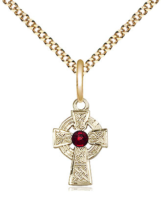 14kt Gold Filled Celtic Cross Pendant with a 3mm Garnet Swarovski stone on a 18 inch Gold Plate Light Curb chain