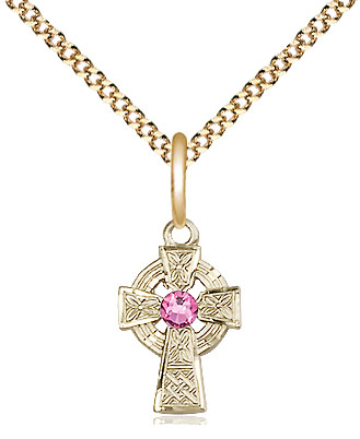 14kt Gold Filled Celtic Cross Pendant with a 3mm Rose Swarovski stone on a 18 inch Gold Plate Light Curb chain