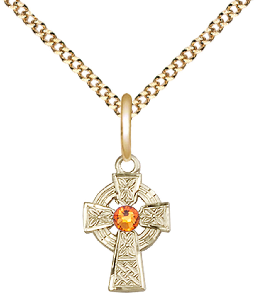 14kt Gold Filled Celtic Cross Pendant with a 3mm Topaz Swarovski stone on a 18 inch Gold Plate Light Curb chain