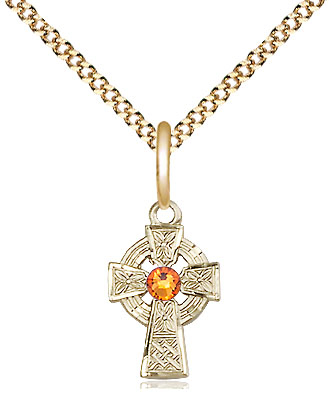14kt Gold Filled Celtic Cross Pendant with a 3mm Topaz Swarovski stone on a 18 inch Gold Plate Light Curb chain