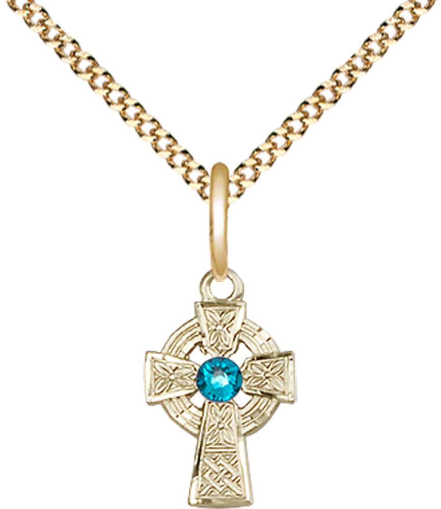 14kt Gold Filled Celtic Cross Pendant with a 3mm Zircon Swarovski stone on a 18 inch Gold Plate Light Curb chain