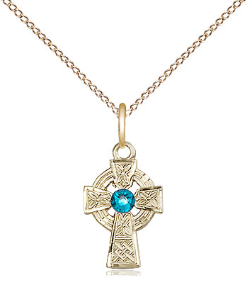 14kt Gold Filled Celtic Cross Pendant with a 3mm Zircon Swarovski stone on a 18 inch Gold Filled Light Curb chain