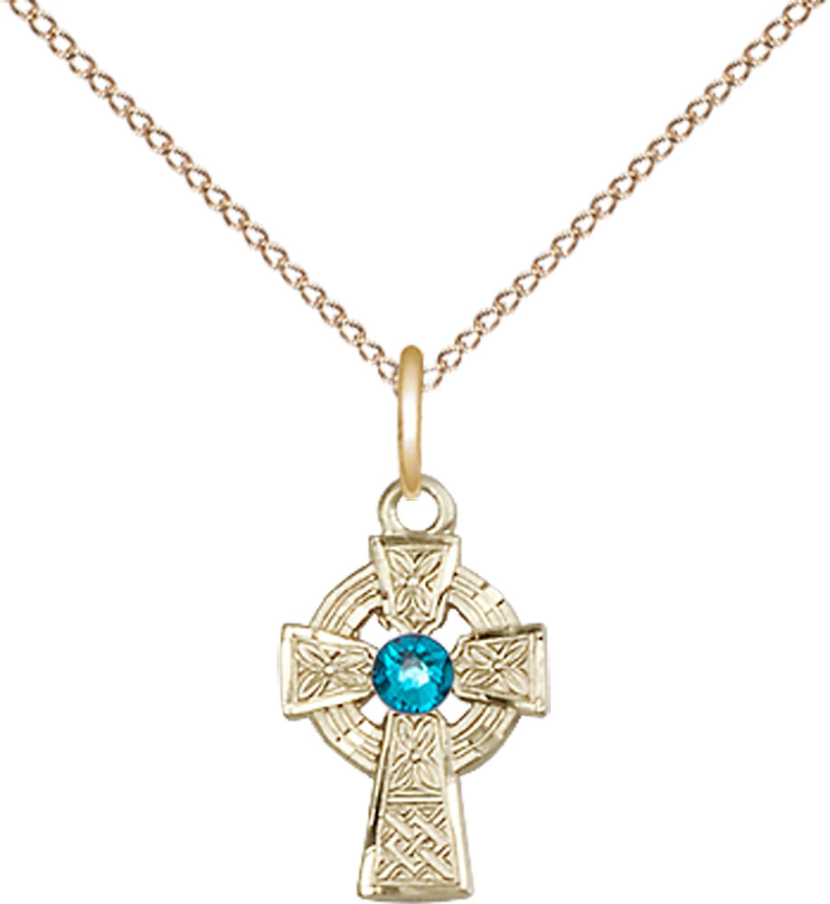 14kt Gold Filled Celtic Cross Pendant with a 3mm Zircon Swarovski stone on a 18 inch Gold Filled Light Curb chain