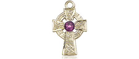 14kt Gold Filled Celtic Cross Medal with a 3mm Amethyst Swarovski stone