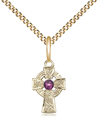 14kt Gold Filled Celtic Cross Pendant with a 3mm Amethyst Swarovski stone on a 18 inch Gold Plate Light Curb chain