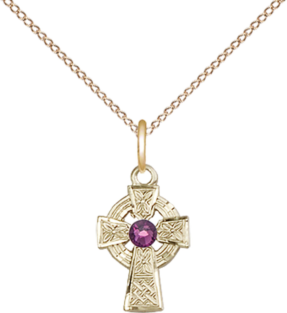 14kt Gold Filled Celtic Cross Pendant with a 3mm Amethyst Swarovski stone on a 18 inch Gold Filled Light Curb chain