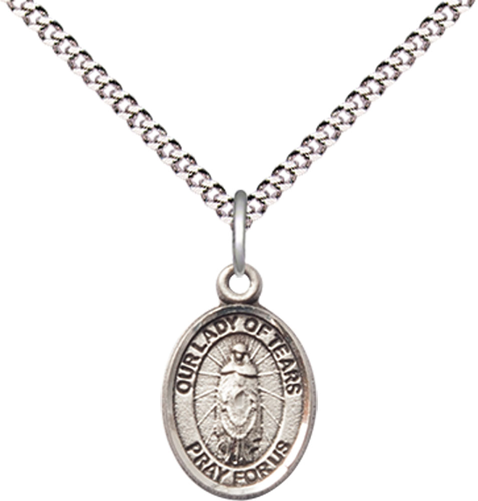 Sterling Silver Our Lady of Tears Pendant on a 18 inch Light Rhodium Light Curb chain