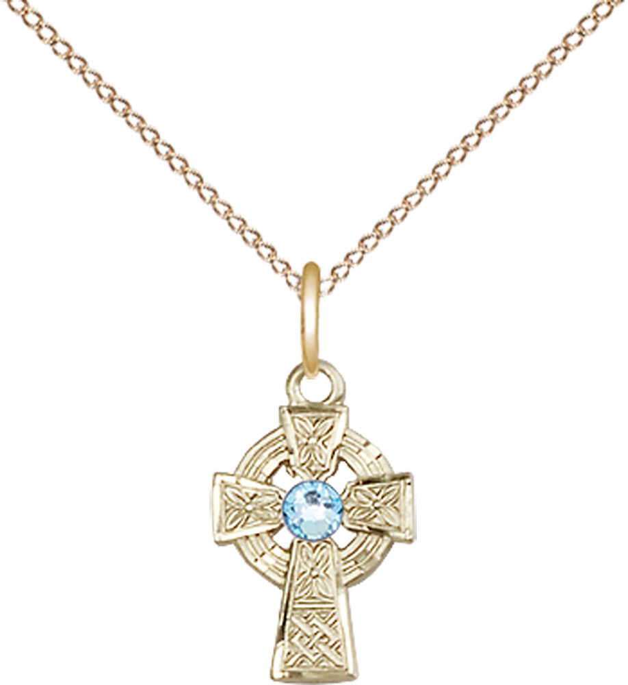 14kt Gold Filled Celtic Cross Pendant with a 3mm Aqua Swarovski stone on a 18 inch Gold Filled Light Curb chain