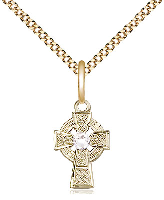 14kt Gold Filled Celtic Cross Pendant with a 3mm Crystal Swarovski stone on a 18 inch Gold Plate Light Curb chain