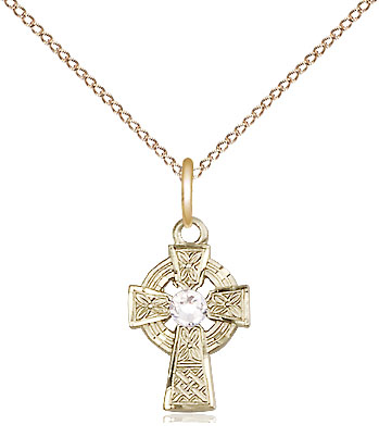 14kt Gold Filled Celtic Cross Pendant with a 3mm Crystal Swarovski stone on a 18 inch Gold Filled Light Curb chain