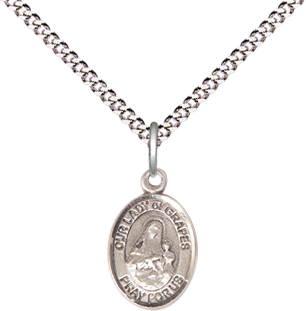 Sterling Silver Our Lady of Grapes Pendant on a 18 inch Light Rhodium Light Curb chain