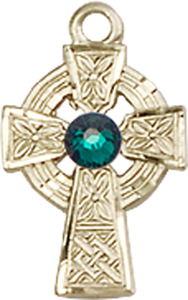 14kt Gold Filled Celtic Cross Medal with a 3mm Emerald Swarovski stone