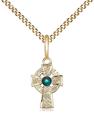 14kt Gold Filled Celtic Cross Pendant with a 3mm Emerald Swarovski stone on a 18 inch Gold Plate Light Curb chain