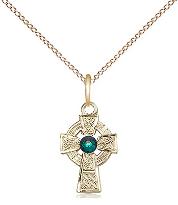 14kt Gold Filled Celtic Cross Pendant with a 3mm Emerald Swarovski stone on a 18 inch Gold Filled Light Curb chain