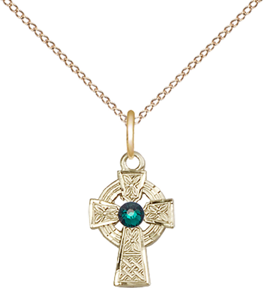 14kt Gold Filled Celtic Cross Pendant with a 3mm Emerald Swarovski stone on a 18 inch Gold Filled Light Curb chain