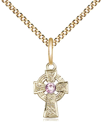 14kt Gold Filled Celtic Cross Pendant with a 3mm Light Amethyst Swarovski stone on a 18 inch Gold Plate Light Curb chain