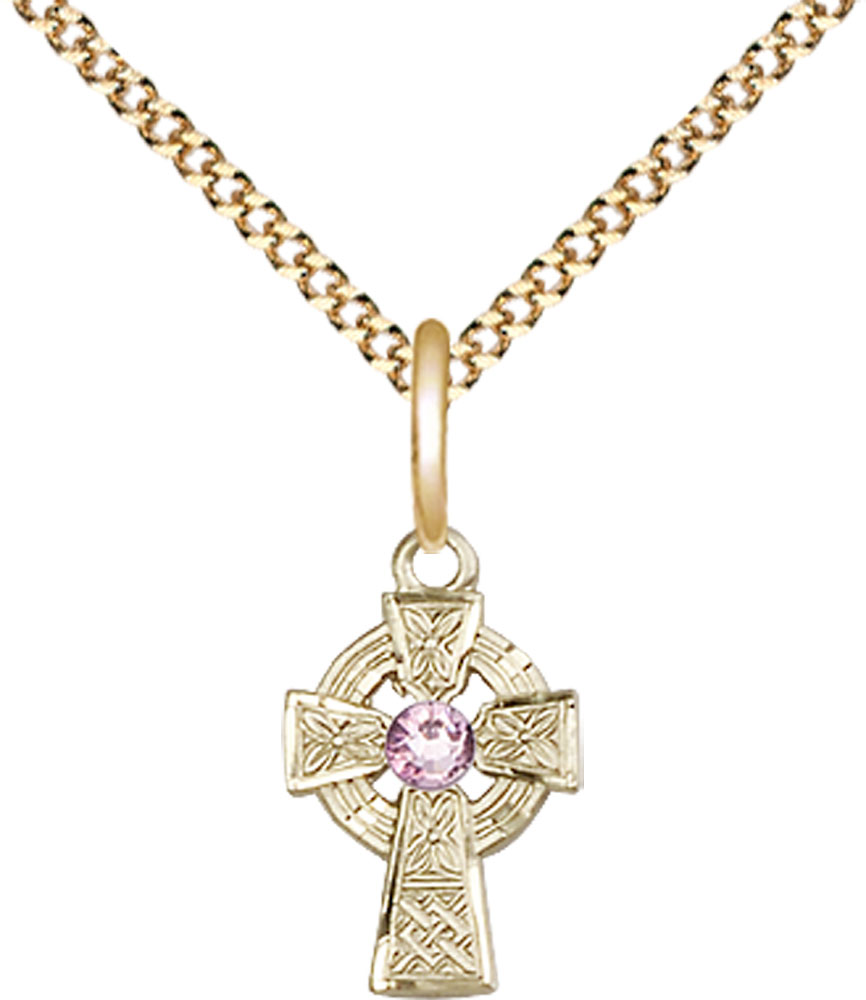 14kt Gold Filled Celtic Cross Pendant with a 3mm Light Amethyst Swarovski stone on a 18 inch Gold Plate Light Curb chain