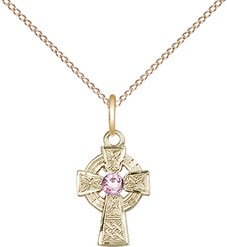 14kt Gold Filled Celtic Cross Pendant with a 3mm Light Amethyst Swarovski stone on a 18 inch Gold Filled Light Curb chain