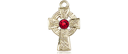 14kt Gold Filled Celtic Cross Medal with a 3mm Ruby Swarovski stone