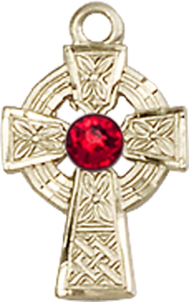 14kt Gold Filled Celtic Cross Medal with a 3mm Ruby Swarovski stone