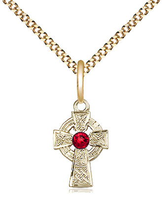 14kt Gold Filled Celtic Cross Pendant with a 3mm Ruby Swarovski stone on a 18 inch Gold Plate Light Curb chain