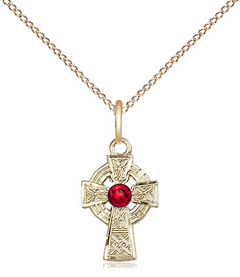 14kt Gold Filled Celtic Cross Pendant with a 3mm Ruby Swarovski stone on a 18 inch Gold Filled Light Curb chain