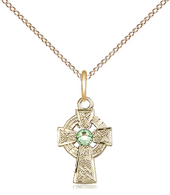 14kt Gold Filled Celtic Cross Pendant with a 3mm Peridot Swarovski stone on a 18 inch Gold Filled Light Curb chain