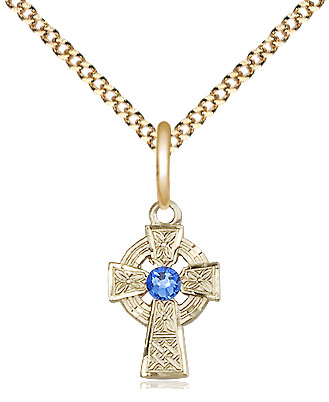 14kt Gold Filled Celtic Cross Pendant with a 3mm Sapphire Swarovski stone on a 18 inch Gold Plate Light Curb chain