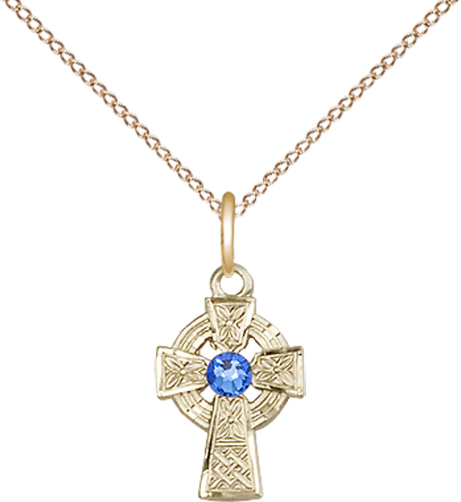 14kt Gold Filled Celtic Cross Pendant with a 3mm Sapphire Swarovski stone on a 18 inch Gold Filled Light Curb chain