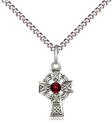 Sterling Silver Celtic Cross Pendant with a 3mm Garnet Swarovski stone on a 18 inch Light Rhodium Light Curb chain