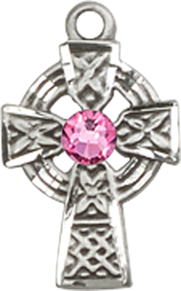 Sterling Silver Celtic Cross Medal with a 3mm Rose Swarovski stone