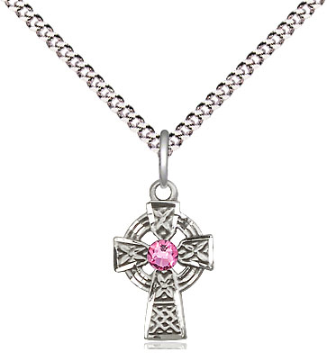 Sterling Silver Celtic Cross Pendant with a 3mm Rose Swarovski stone on a 18 inch Light Rhodium Light Curb chain