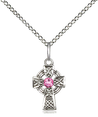 Sterling Silver Celtic Cross Pendant with a 3mm Rose Swarovski stone on a 18 inch Sterling Silver Light Curb chain