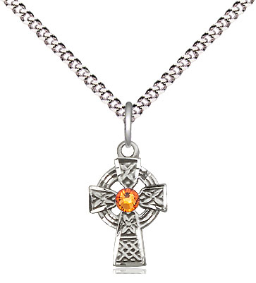 Sterling Silver Celtic Cross Pendant with a 3mm Topaz Swarovski stone on a 18 inch Light Rhodium Light Curb chain