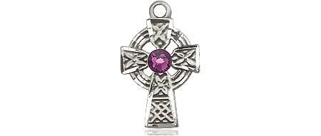 Sterling Silver Celtic Cross Medal with a 3mm Amethyst Swarovski stone