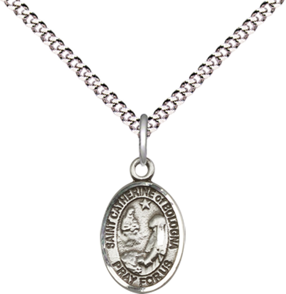Sterling Silver Saint Catherine of Bologna Pendant on a 18 inch Light Rhodium Light Curb chain