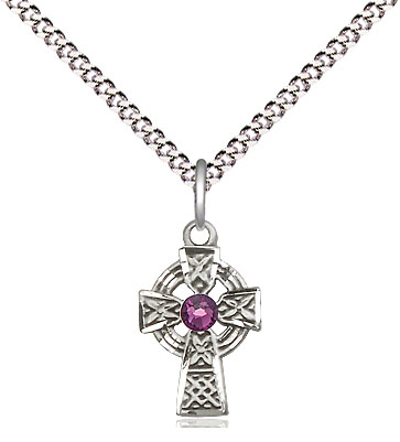 Sterling Silver Celtic Cross Pendant with a 3mm Amethyst Swarovski stone on a 18 inch Light Rhodium Light Curb chain