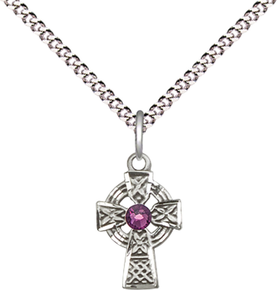 Sterling Silver Celtic Cross Pendant with a 3mm Amethyst Swarovski stone on a 18 inch Light Rhodium Light Curb chain