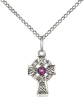 Sterling Silver Celtic Cross Pendant with a 3mm Amethyst Swarovski stone on a 18 inch Sterling Silver Light Curb chain