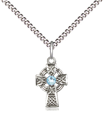 Sterling Silver Celtic Cross Pendant with a 3mm Aqua Swarovski stone on a 18 inch Light Rhodium Light Curb chain