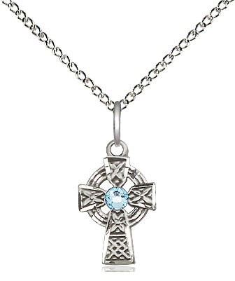 Sterling Silver Celtic Cross Pendant with a 3mm Aqua Swarovski stone on a 18 inch Sterling Silver Light Curb chain